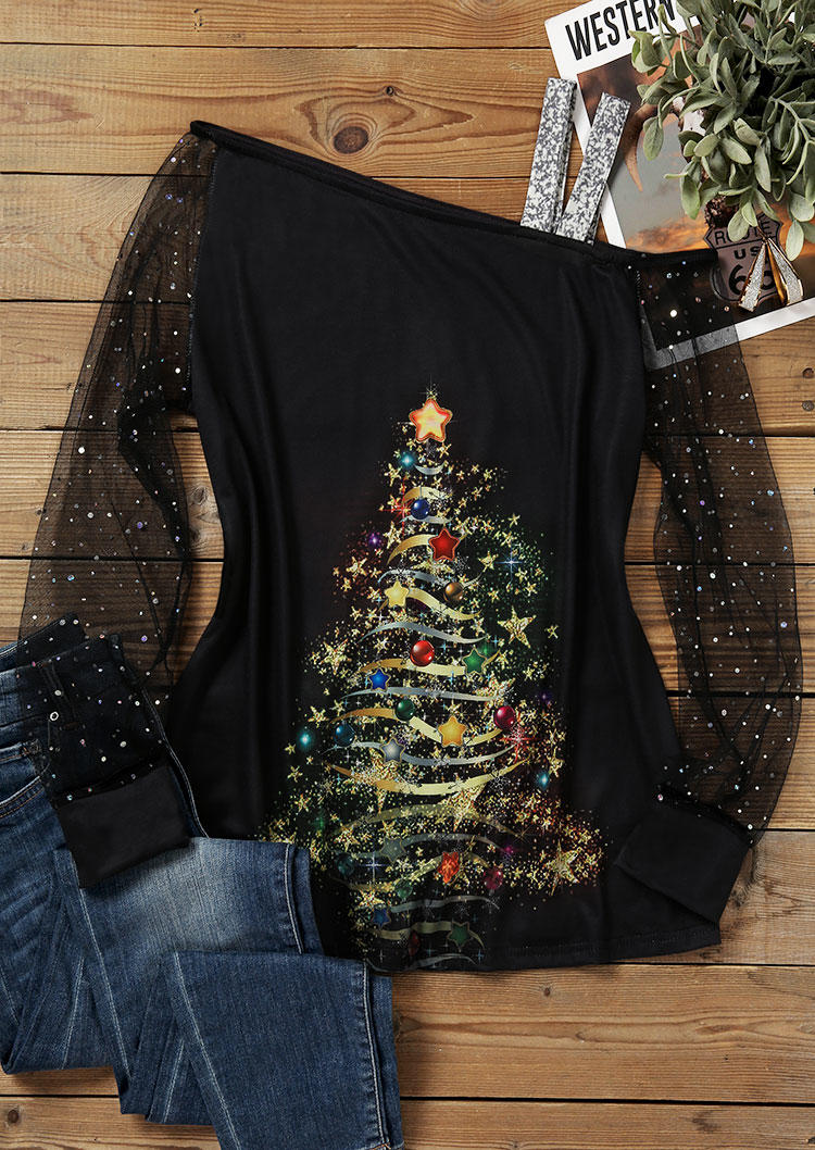 Blouses Christmas Tree Mesh Splicing Blouse in Black. Size: L,M,S