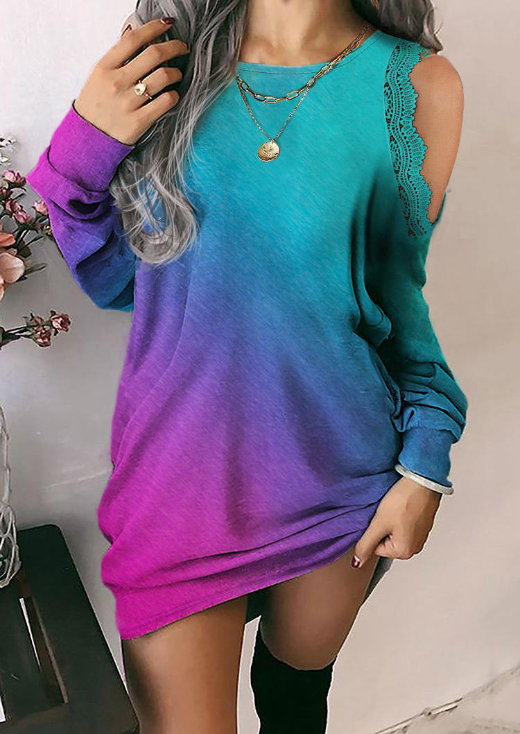 Gradient Lace Cold Shoulder Sweatshirt Dress
