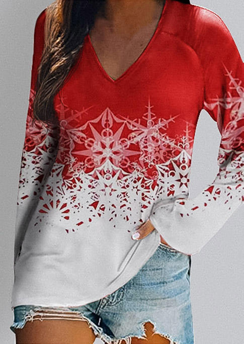 Blouses Christmas Long Sleeve V-Neck Blouse in Red. Size: M