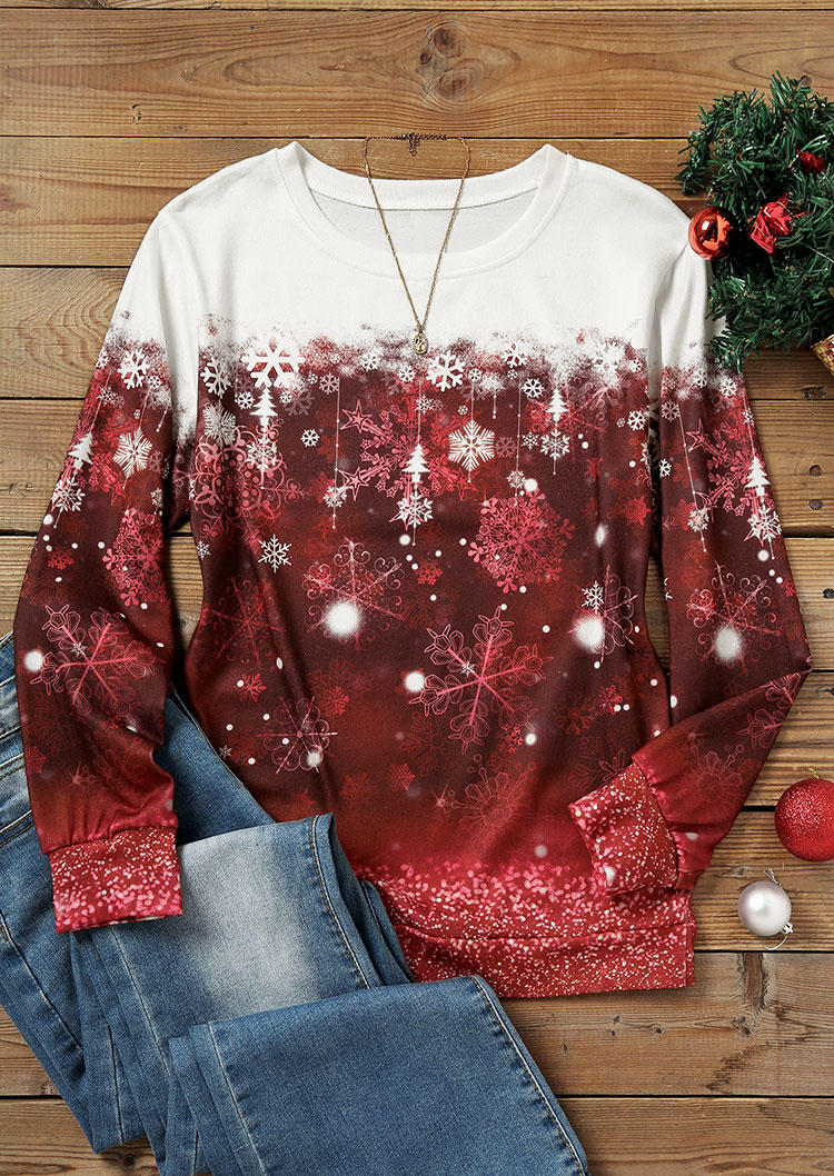 

Sweatshirts Christmas Snowflake Gradient Glitter O-Neck Sweatshirt in Red. Size