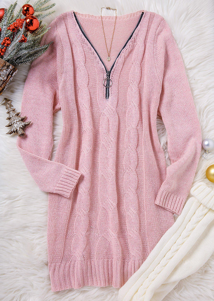 Sweater Dresses Zipper Long Sleeve V-Neck Sweater Dress in Pink. Size: XL