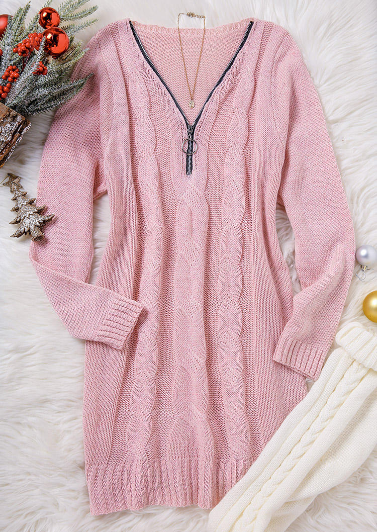 

Sweater Dresses Zipper Long Sleeve V-Neck Sweater Dress in Pink. Size