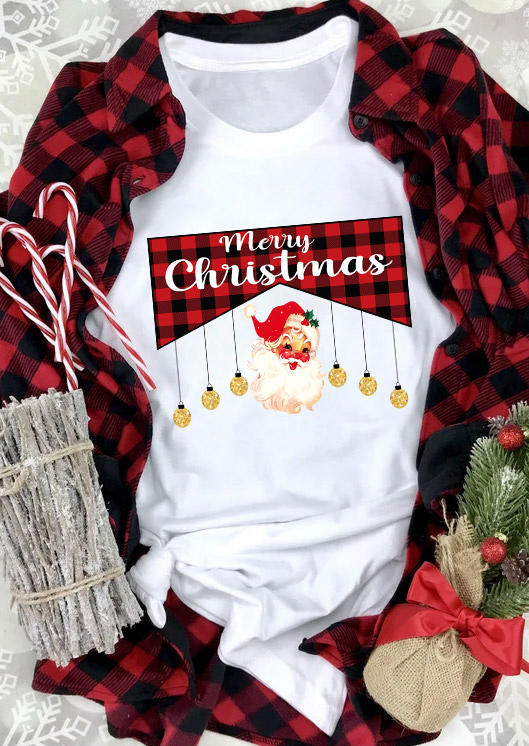 

T-shirts Tees Merry Christmas Plaid Santa Claus T-Shirt Tee in White. Size: M