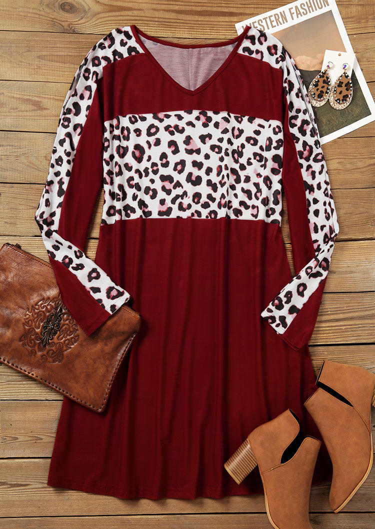 Mini Dresses Leopard Color Block Cold Shoulder Mini Dress in Red. Size: L,M,S,XL