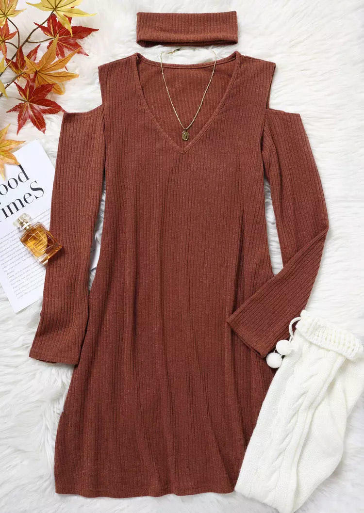 Mini Dresses Long Sleeve V-Neck Mini Dress With Scarf - Coffee in Brown. Size: L,XL