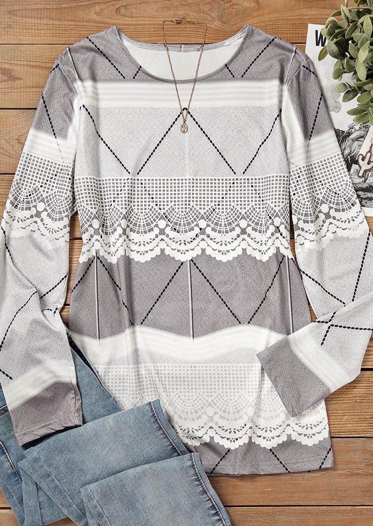 

Blouses Geometric Long Sleeve O-Neck Blouse in Gray. Size