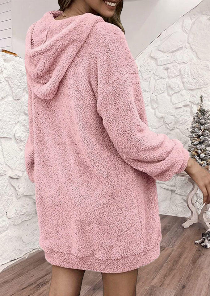 

Mini Dresses Zipper Kangaroo Pocket Fuzzy Hoodie Mini Dress in Pink. Size