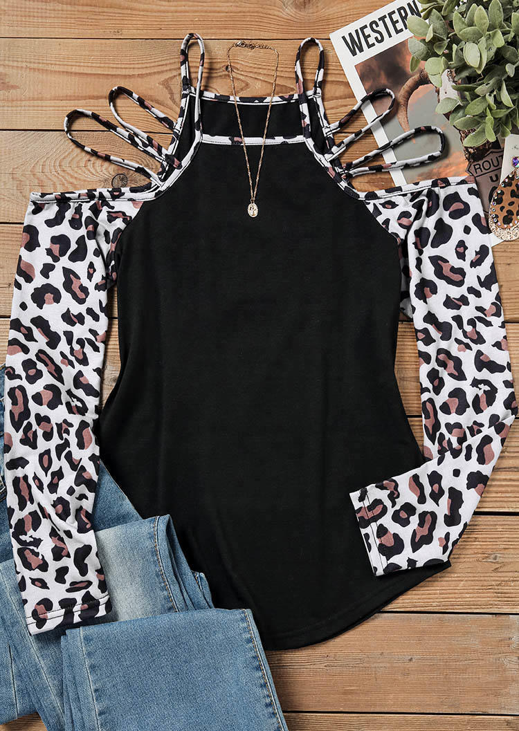 

Blouses Leopard Hollow Out Long Sleeve Blouse in Black. Size