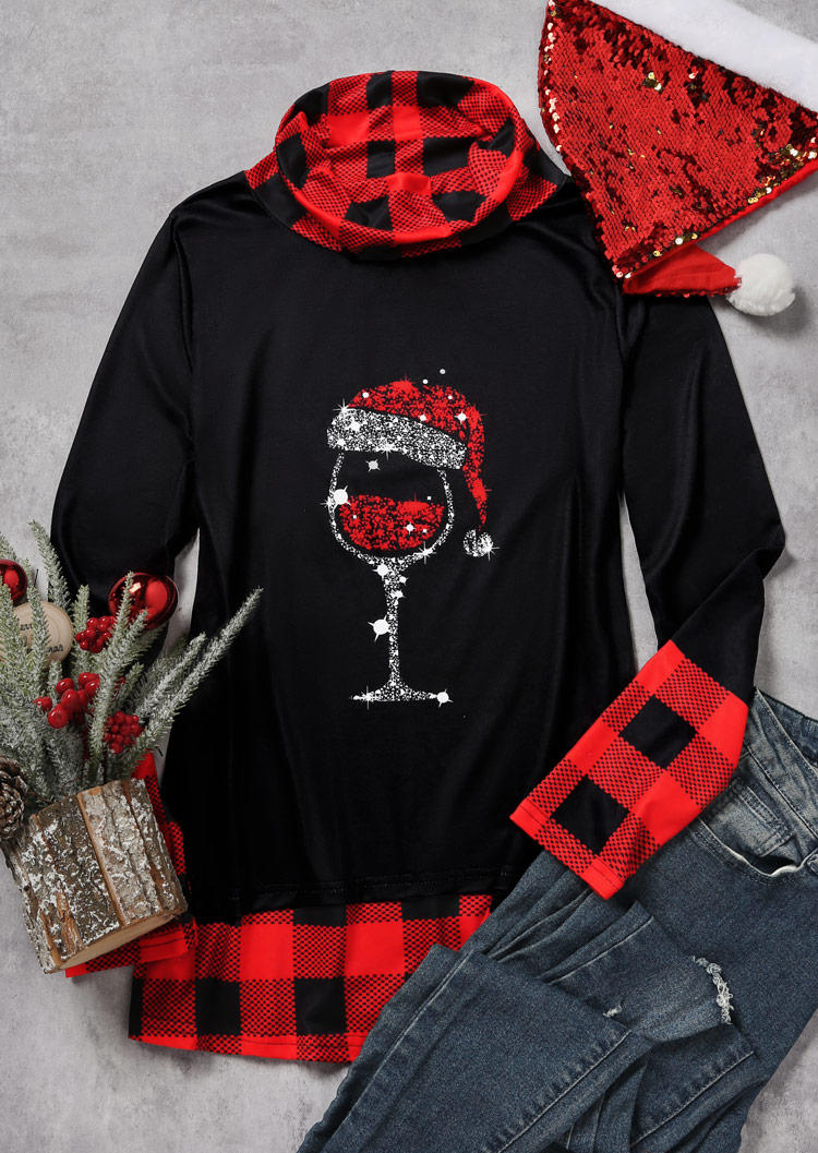 

Blouses Christmas Hat Wine Glass Plaid Glitter Blouse in Multicolor. Size