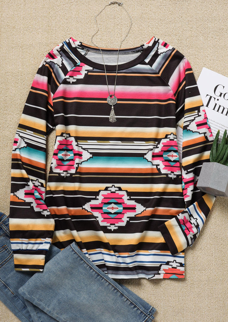 

Blouses Aztec Geometric Serape Striped Blouse in Multicolor. Size: L
