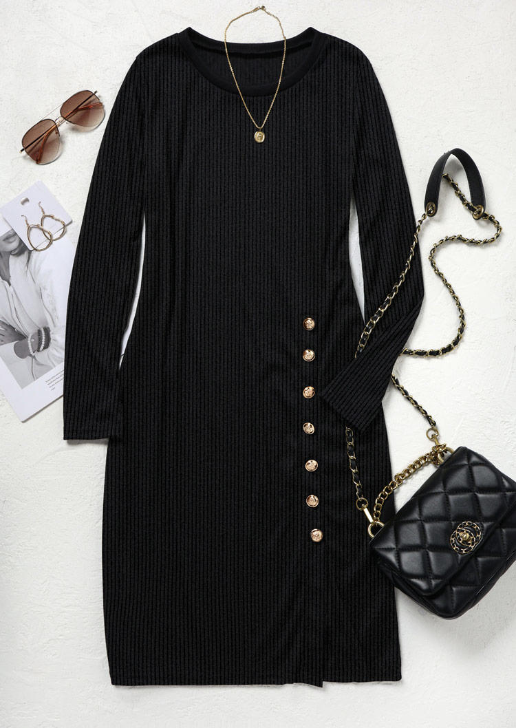 

Sweater Dresses Button Slit Knitted Long Sleeve Sweater Dress in Black. Size