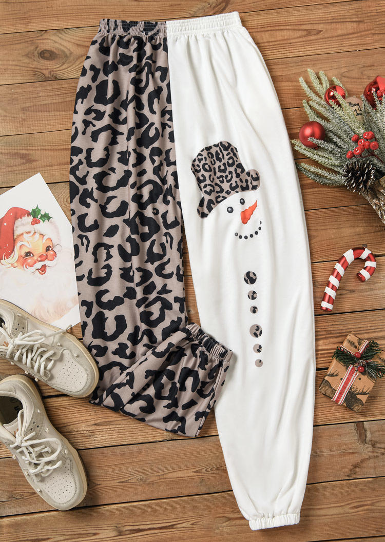 Pants Christmas Leopard Snowman Pocket Sweatpants in Multicolor. Size: L,M,S,XL