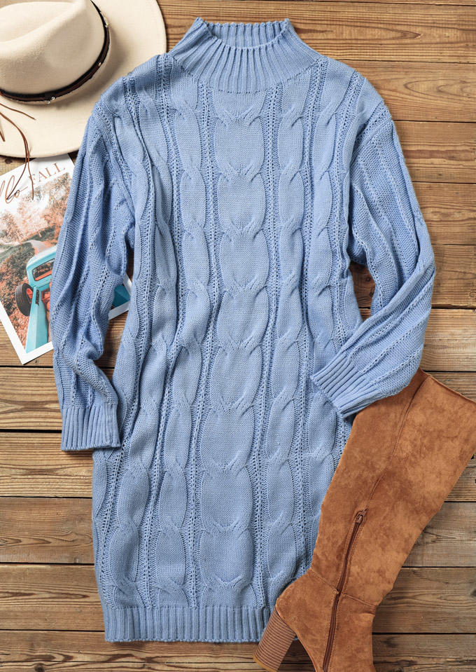 Sweater Dresses Crochet Turtleneck Long Sleeve Sweater Dress in Blue. Size: L,M