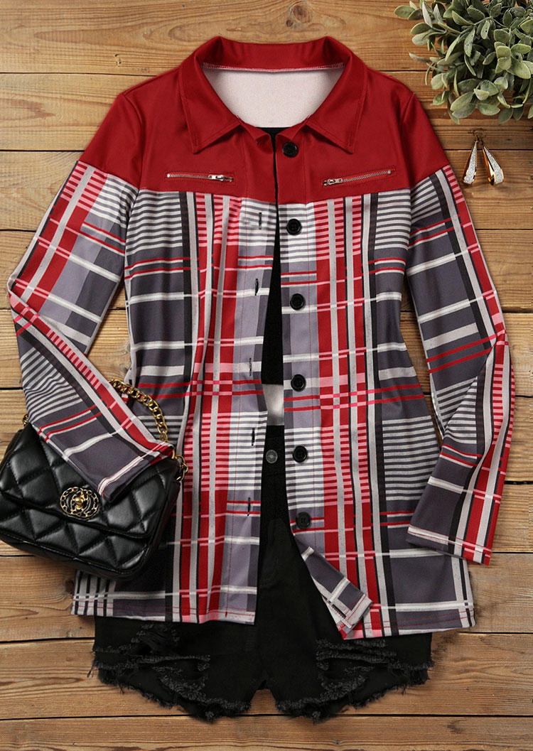

Coats Plaid Button Zipper Turn-Down Collar Coat in Multicolor. Size