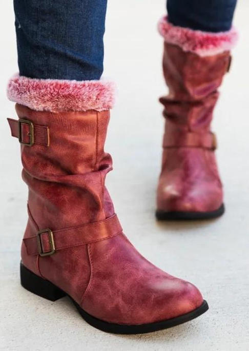 Boots Buckle Strap Plush Thickened Warm PU Leather Boots in Red. Size: 37,38,39,40