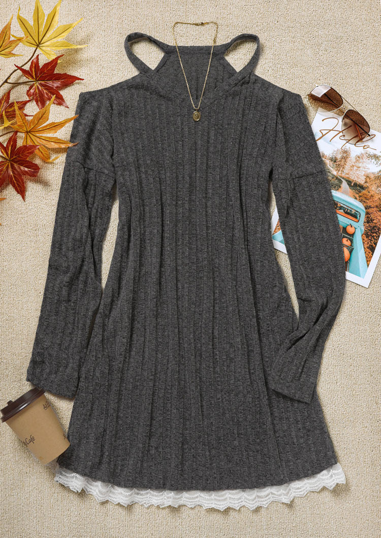 Lace Splicing Cold Shoulder V-Neck Mini Dress - Gray