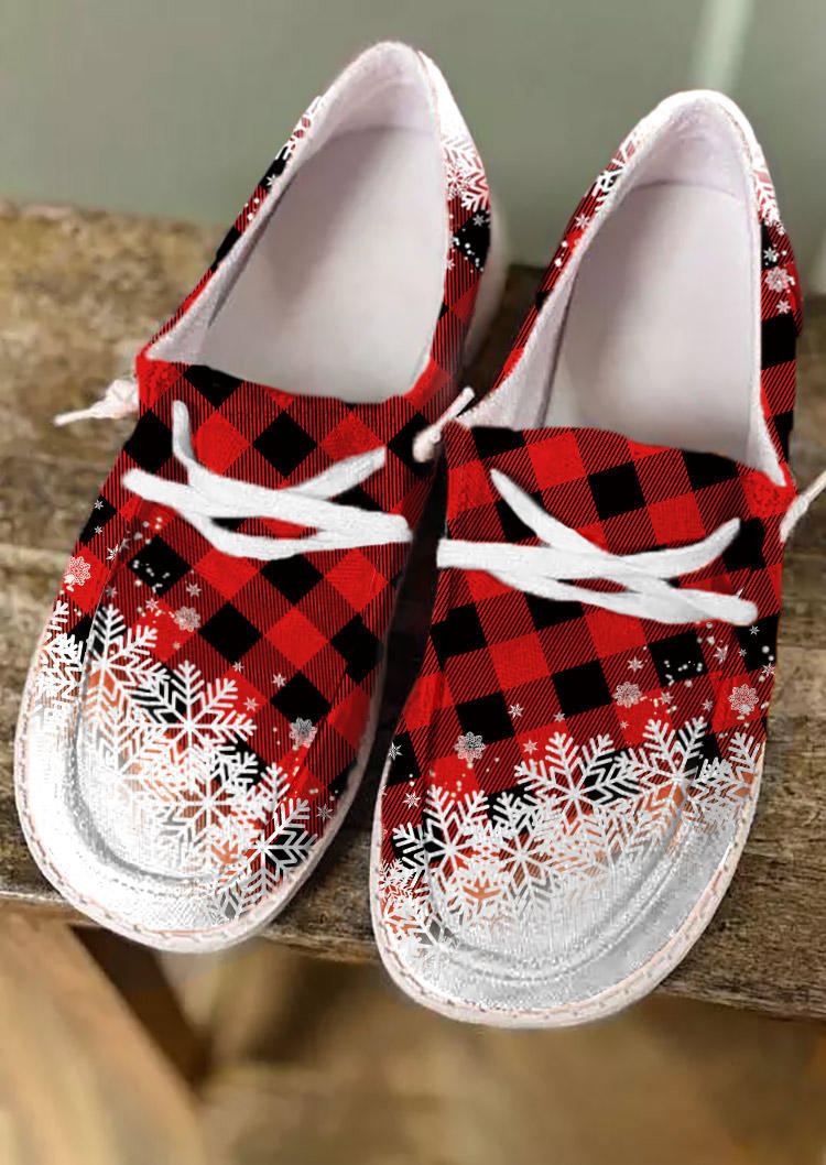 Sneakers Christmas Plaid Snowflake Lace Up Flat Sneakers in Red. Size: 37,38,39,40,41