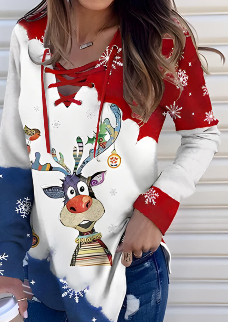 

Blouses Christmas Reindeer Color Block Lace Up Blouse in Multicolor. Size