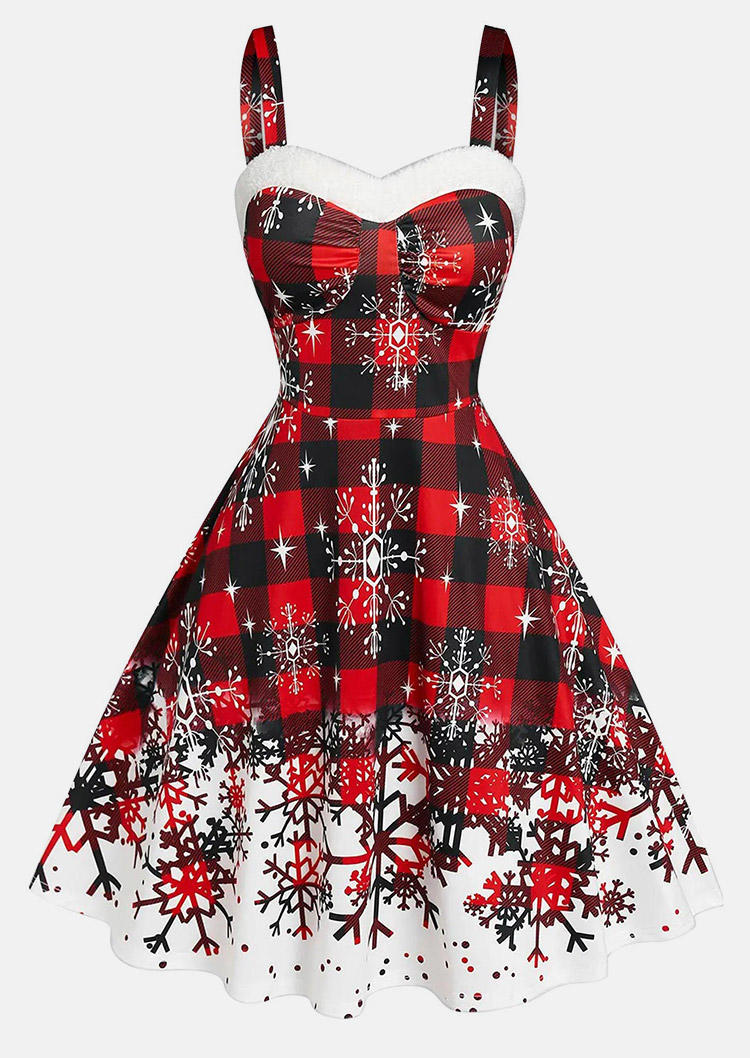 Mini Dresses Christmas Plaid Snowflake Spaghetti Strap Mini Dress in Multicolor. Size: L,S,XL