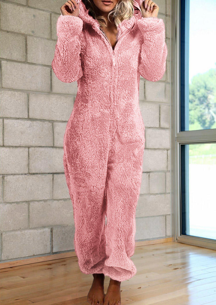 

Sleepwear Zipper Long Sleeve Hooded One-Piece Pajamas in Pink. Size