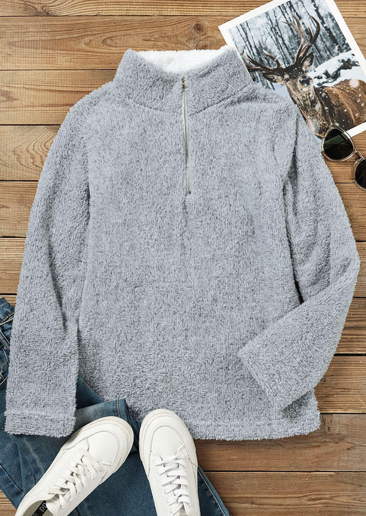 

Sweatshirts Zipper Coral Fleece Long Sleeve Sweatshirt in Gray. Size