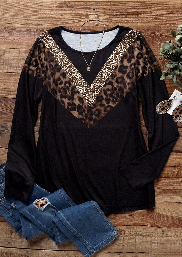 

Blouses Color Block Leopard Glitter Long Sleeve Blouse in Black. Size