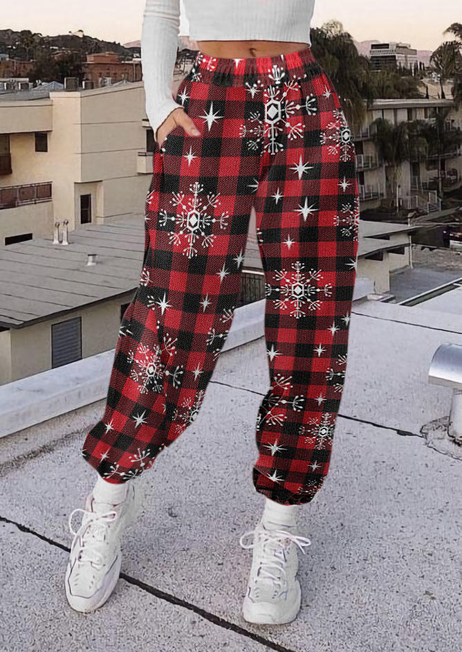 

Pants Christmas Snowflake Plaid Pocket Sweatpants in Multicolor. Size