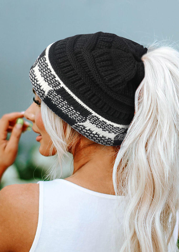 

Hats Plaid Knitted Hollow Out Beanie Hat in Black. Size