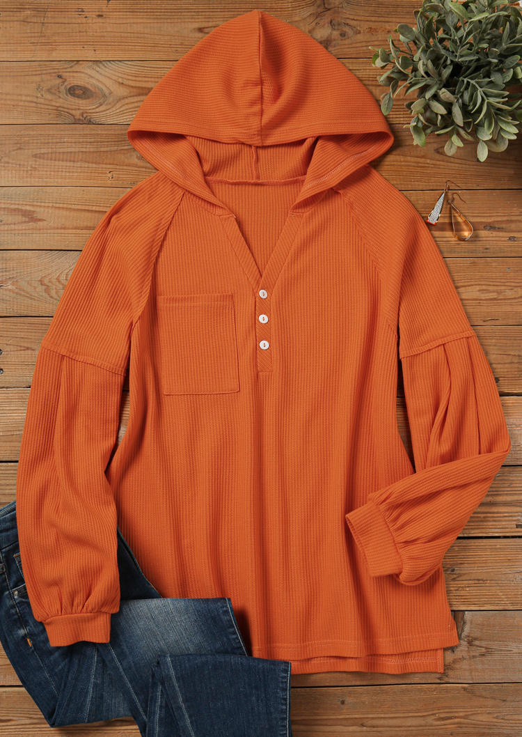 

Blouses Button Pocket Waffle Hooded Blouse in Orange. Size: L,M,,XL