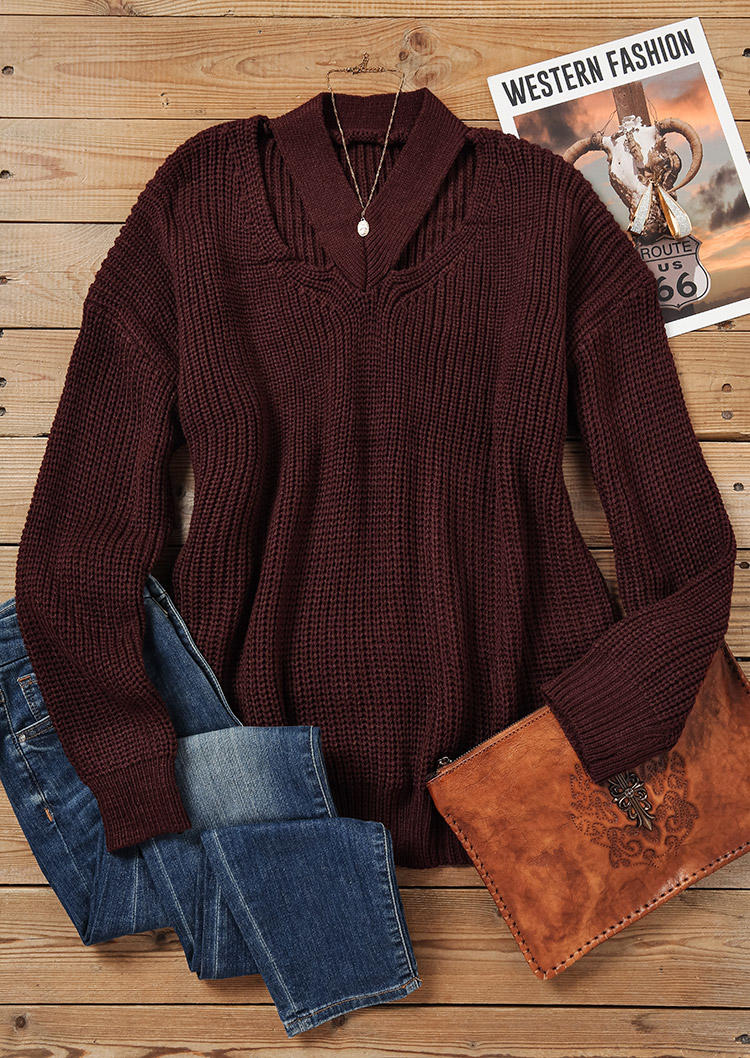 

Sweaters Hollow Out Long Sleeve V-Neck Sweater - Coffee in Brown. Size: L,,XL