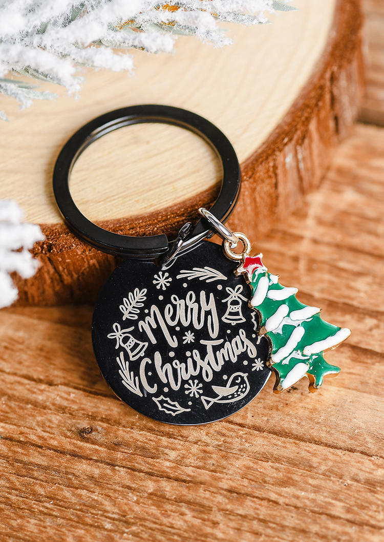 

Keychains Merry Christmas Tree Stainless Steel Keychain in Black. Size