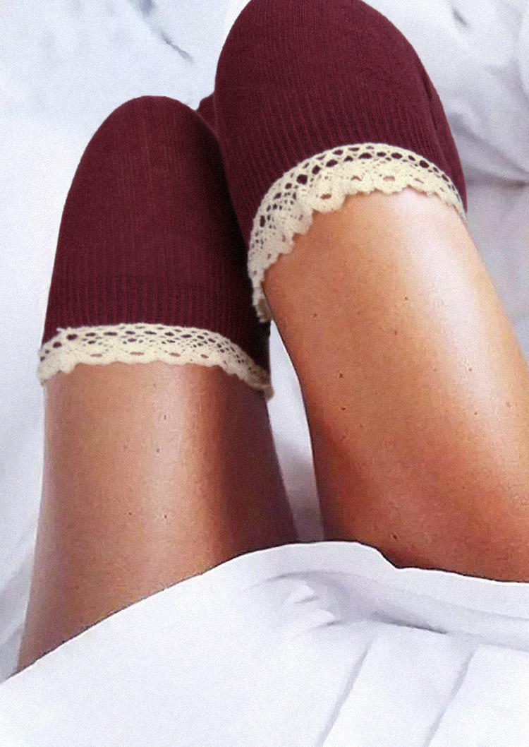 

Knee-High Socks Lace Splicing Warm Over Knee Long Knitted Socks in Red. Size