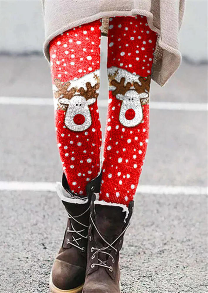 

Leggings Christmas Reindeer Elastic Waist Skinny Leggings in Red. Size