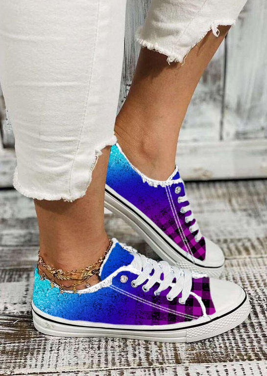 Gradient Glitter Plaid Lace Up Flat Sneakers