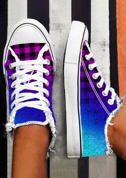 

Sneakers Gradient Glitter Plaid Lace Up Flat Sneakers in Multicolor. Size