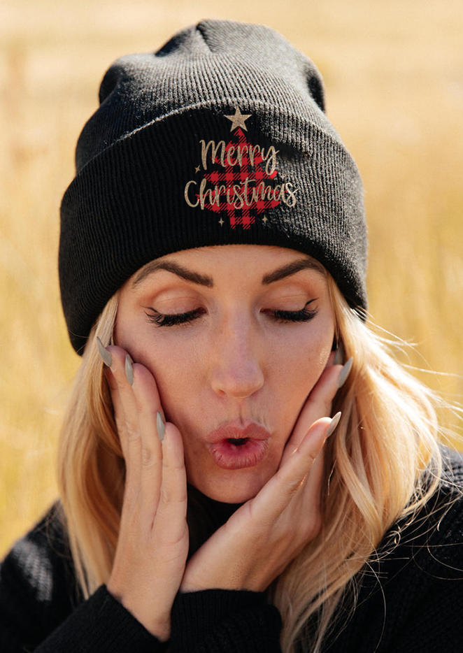 

Hats Merry Christmas Plaid Knitted Beanie Hat in Black. Size