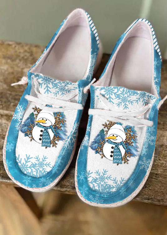 Christmas Snowman Snowflake Leopard Flat Sneakers - Blue