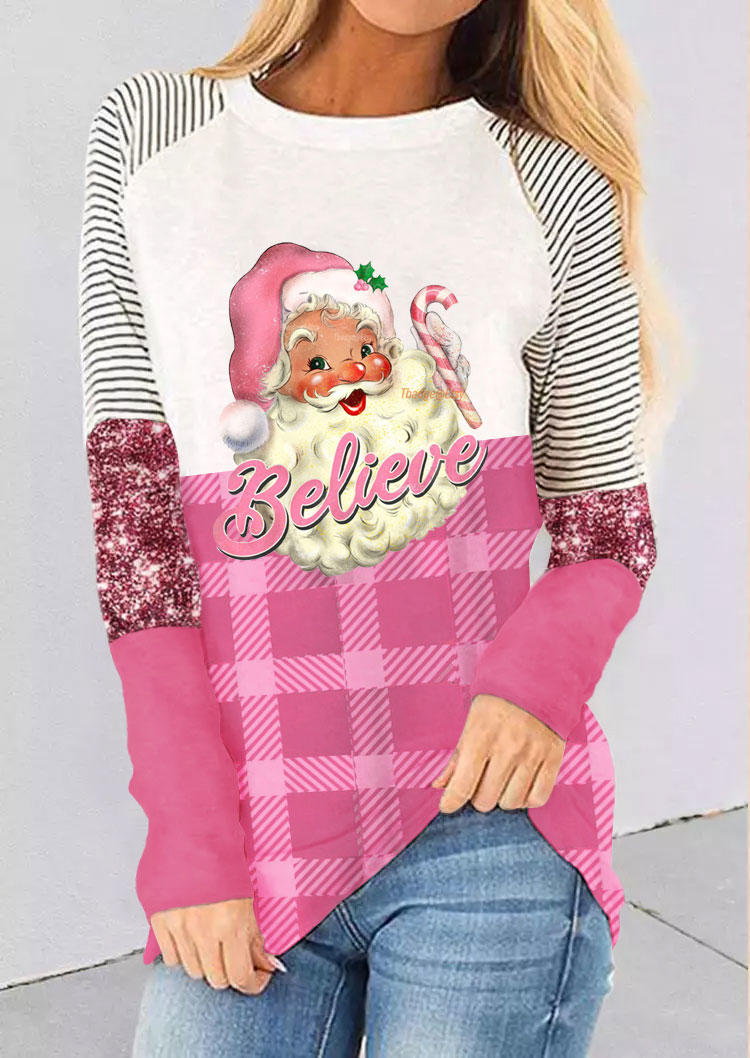 Christmas Believe Santa Claus Striped Plaid T-Shirt Tee - Pink