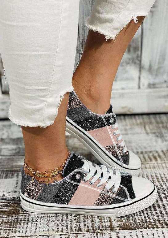 

Sneakers Glitter Color Block Lace Up Flat Sneakers in Multicolor. Size