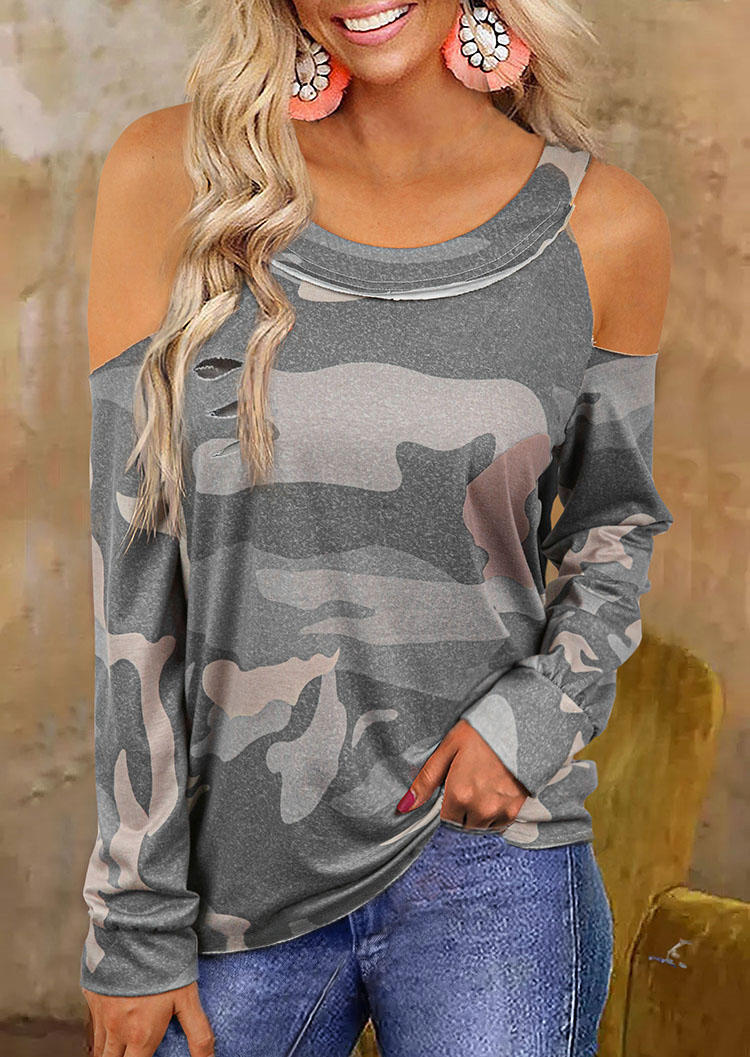 

Blouses Camouflage Long Sleeve Cold Shoulder Blouse in Multicolor. Size