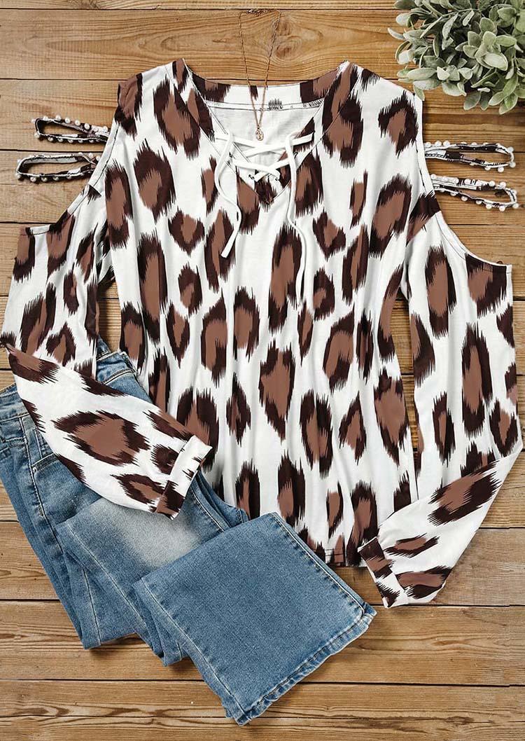 

Blouses Leopard Lace Up Pearl Cold Shoulder Blouse in Multicolor. Size