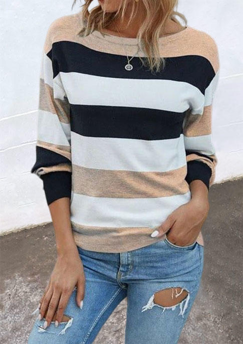 Blouses Striped O-Neck Long Sleeve Blouse in Multicolor. Size: L,M,S,XL