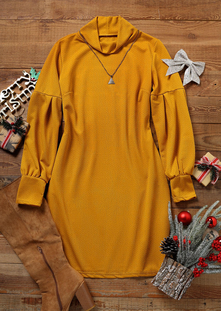 Turtleneck Lantern Sleeve Bodycon Dress - Yellow