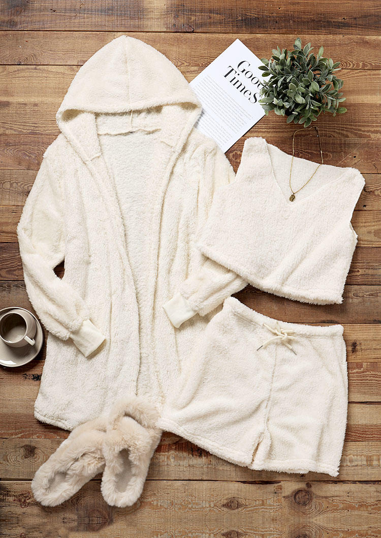 

Sleepwear 3Pcs Crop Tank Shorts And Hooded Coat Fuzzy Pajamas Set - White in White. Size