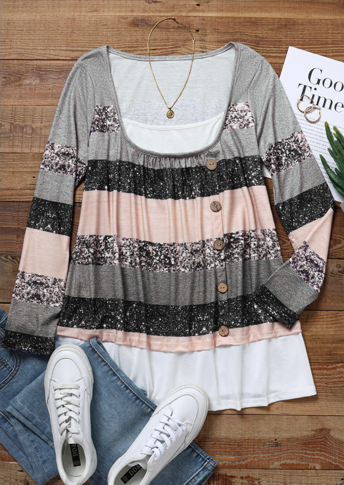 

Blouses Striped Glitter Button Fake Two-Piece Blouse in Multicolor. Size