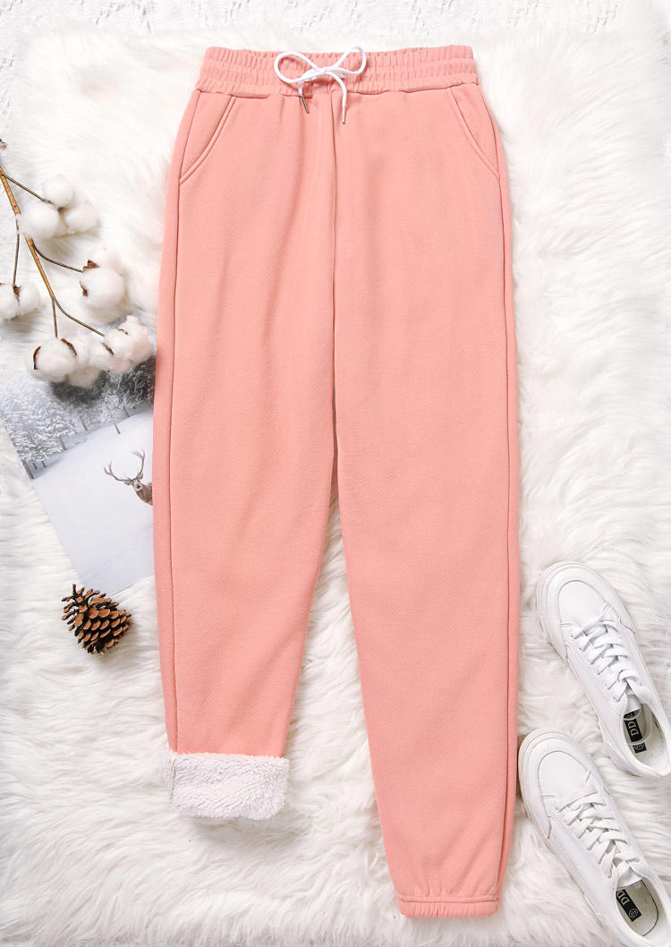 

Pants Plush Thickened Warm Pocket Drawstring Sweatpants in Pink. Size: L,M,,XL