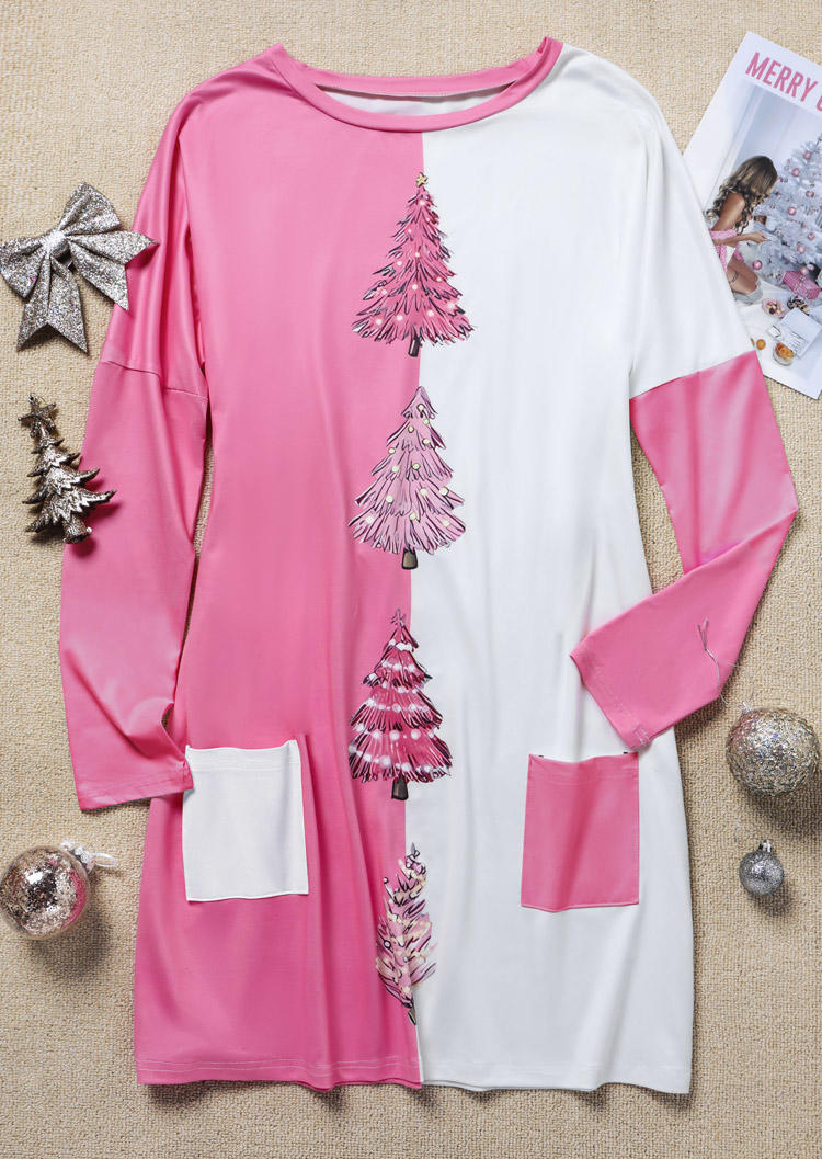 Christmas Tree Color Block Pocket Mini Dress - Pink