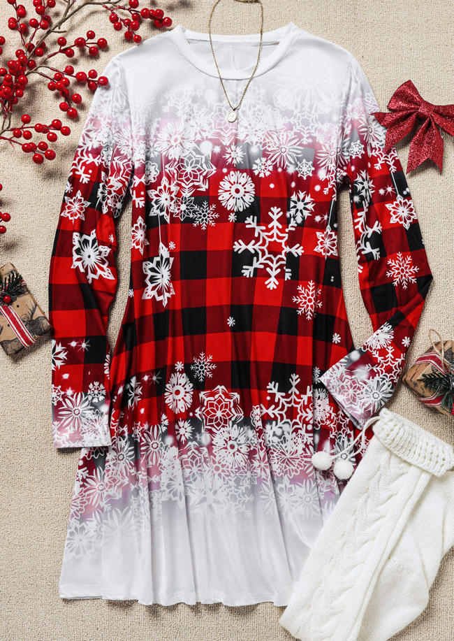 Mini Dresses Christmas Snowflake Plaid Gradient Mini Dress in Multicolor. Size: L,S,XL