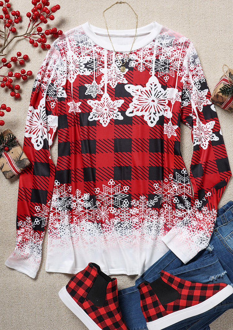 

Blouses Christmas Snowflake Plaid Long Sleeve Blouse in Multicolor. Size
