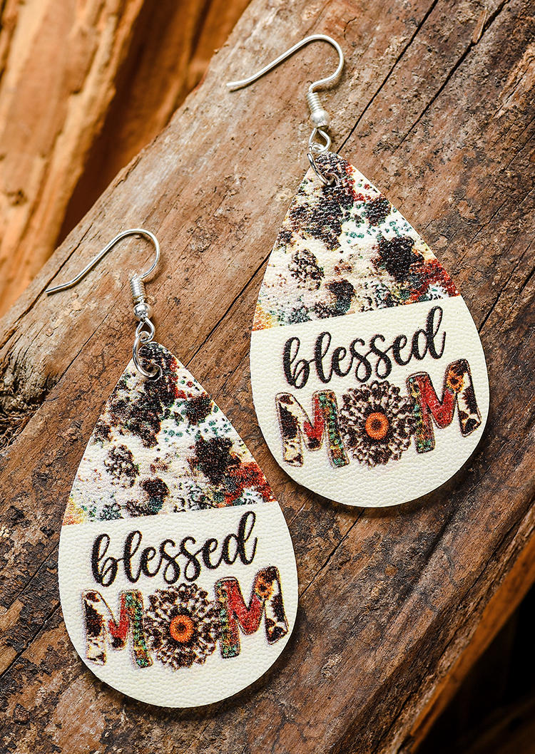 Earrings Blessed Mom Sunflower Cow PU Leather Earrings in White. Size: One Size